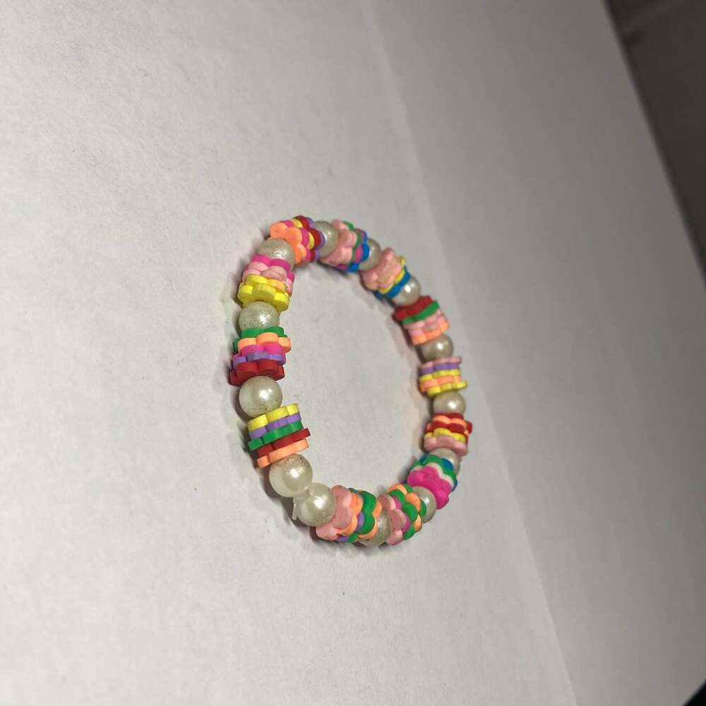 Handmade Rainbow Polymer Clay Heishi and Faux Pearl Stretch Bracelet